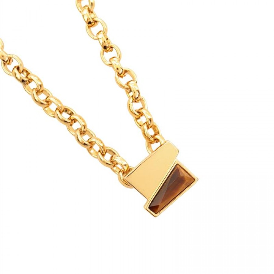 Colar Curto De Elos Com Pingente Duplo Trapézio Pedra Olho De Tigre Banhado Em Ouro 18k