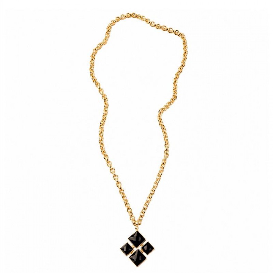 Colar Longo De Elos Com Pingente Xadrez Pedra Ônix Banhado Em Ouro 18k 