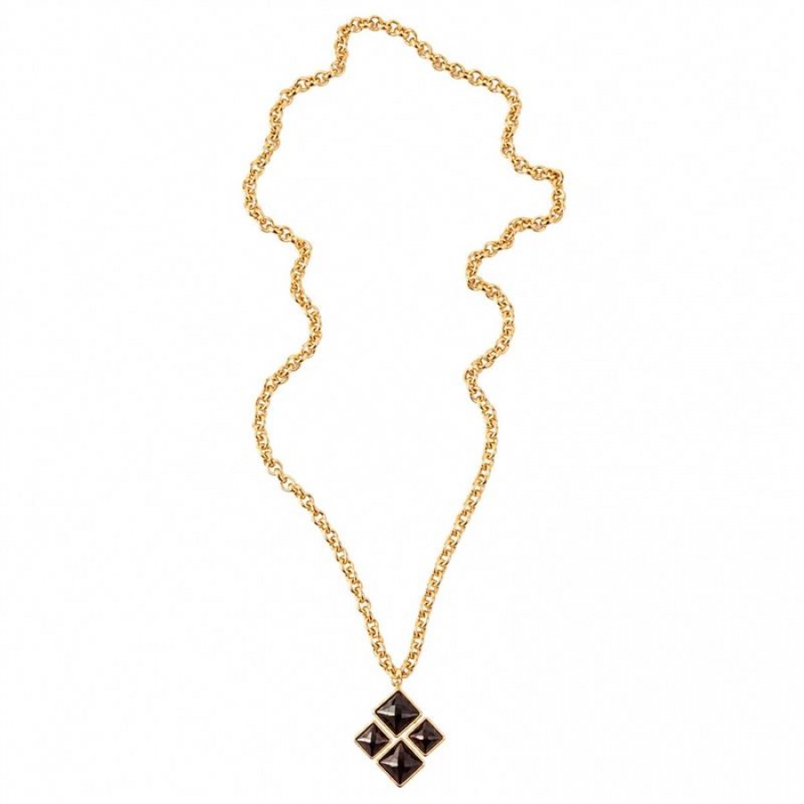 Colar Longo De Elos Com Pingente Xadrez Pedra Granada Banhado Em Ouro 18k