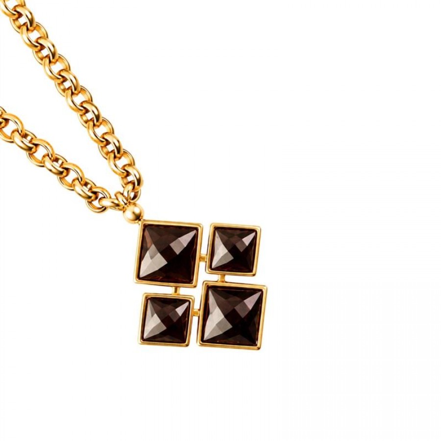 Colar Longo De Elos Com Pingente Xadrez Pedra Granada Banhado Em Ouro 18k