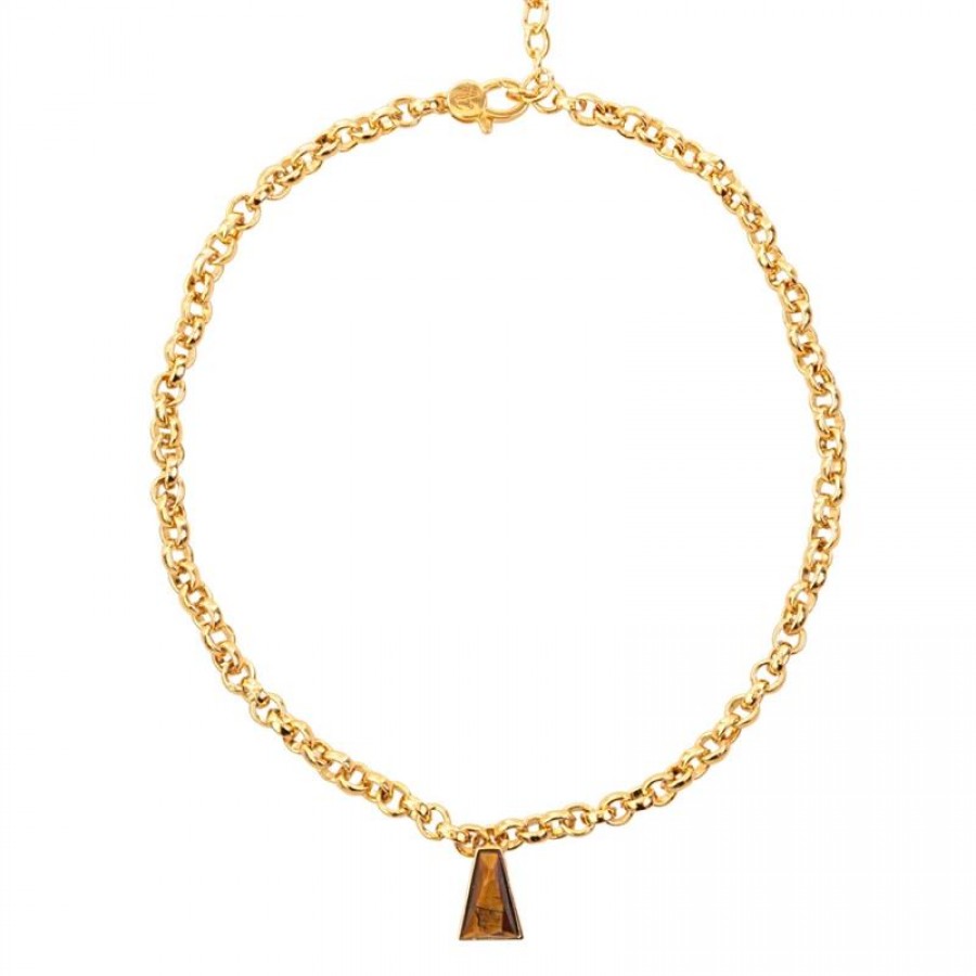 Colar Curto De Elos Com Pingente Trapézio Pedra Olho De Tigre Banhado Em Ouro 18k 