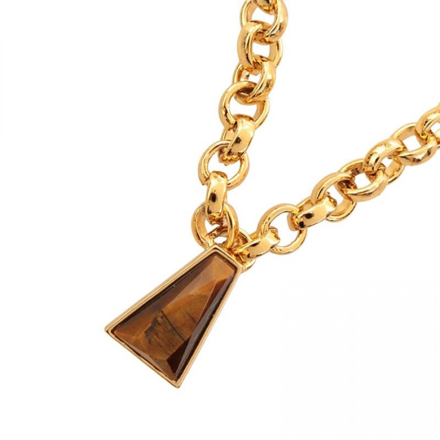 Colar Curto De Elos Com Pingente Trapézio Pedra Olho De Tigre Banhado Em Ouro 18k 