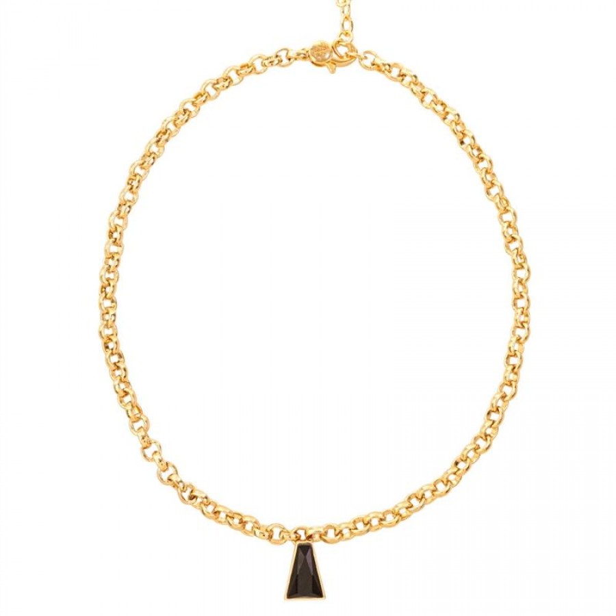Colar Curto De Elos Com Pingente Trapézio Pedra Ônix Banhado Em Ouro 18k 