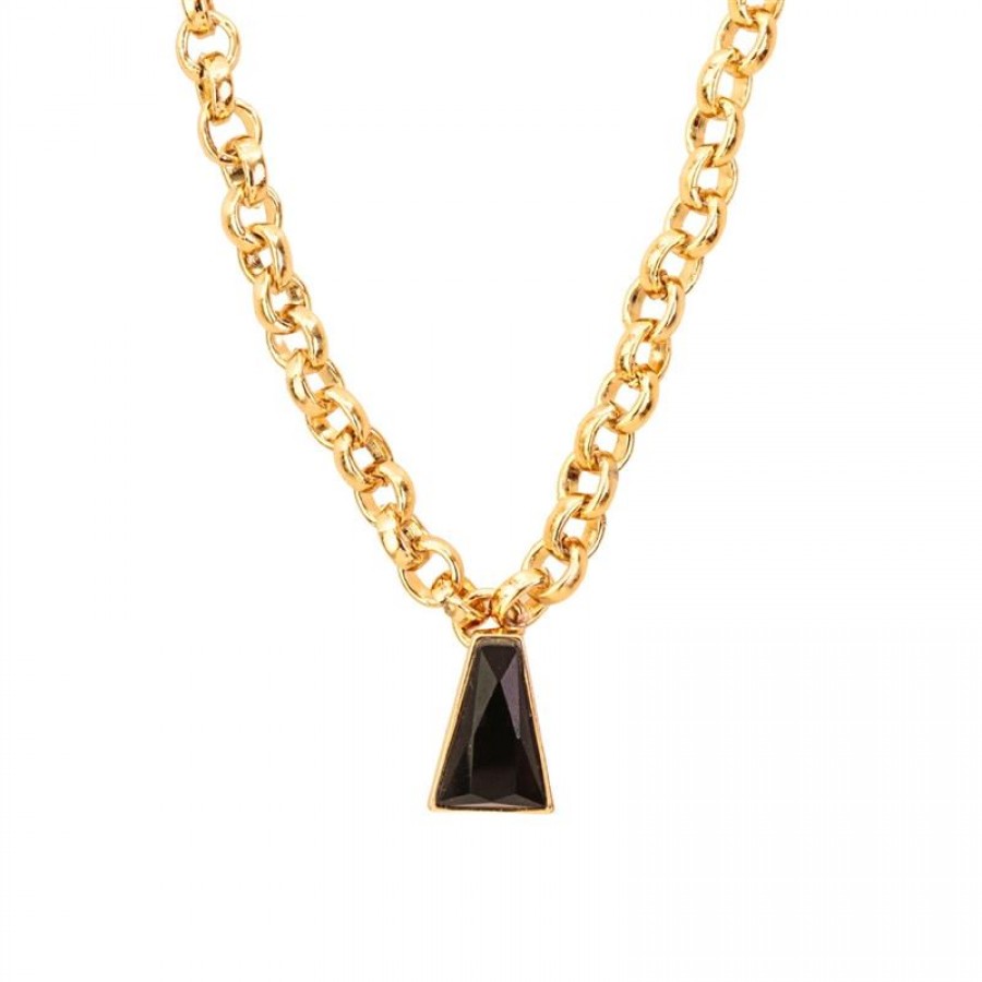 Colar Curto De Elos Com Pingente Trapézio Pedra Ônix Banhado Em Ouro 18k 