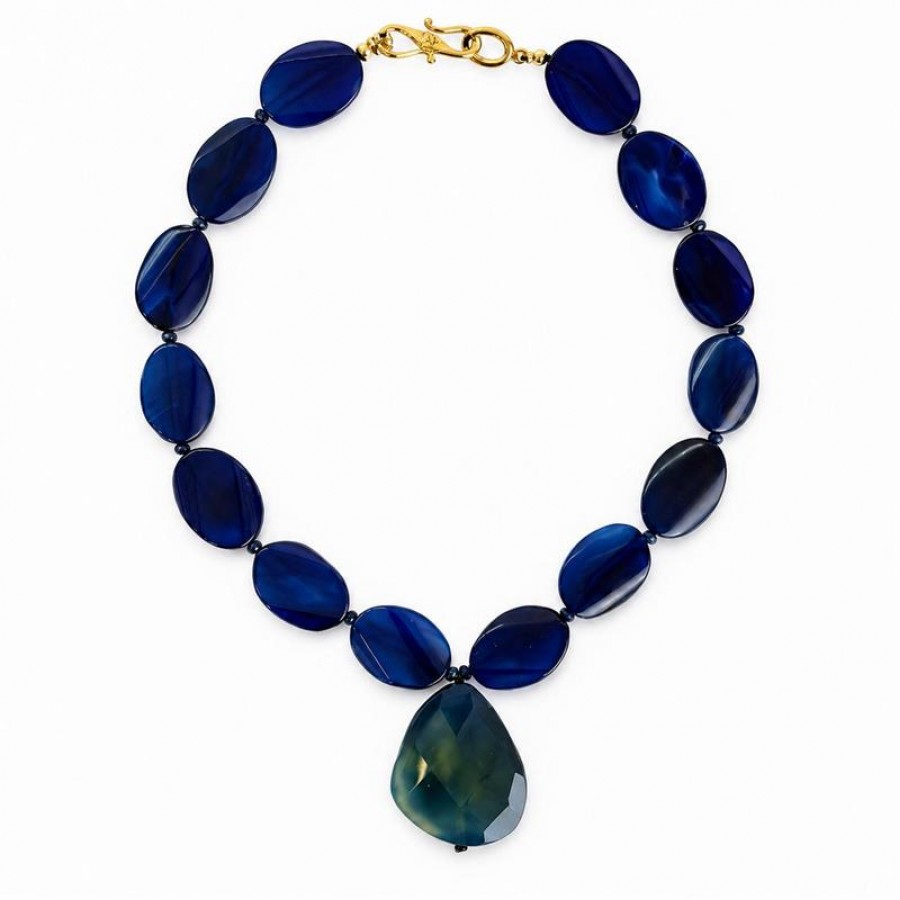 Colar Curto Ágata Azul Com Pingente Facetado