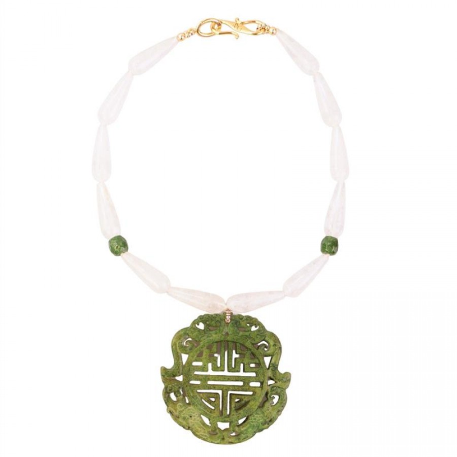 Colar Curto De Quartzo Branco Com Mandala Verde