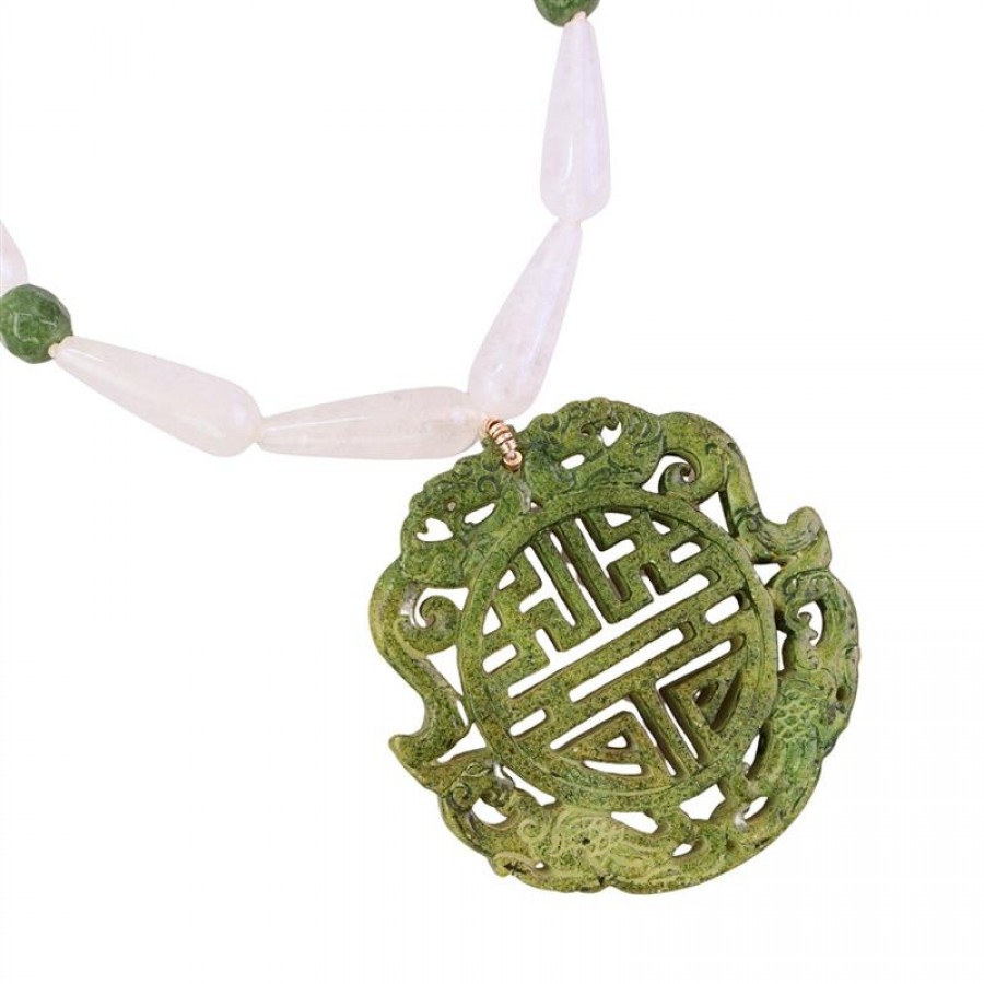Colar Curto De Quartzo Branco Com Mandala Verde