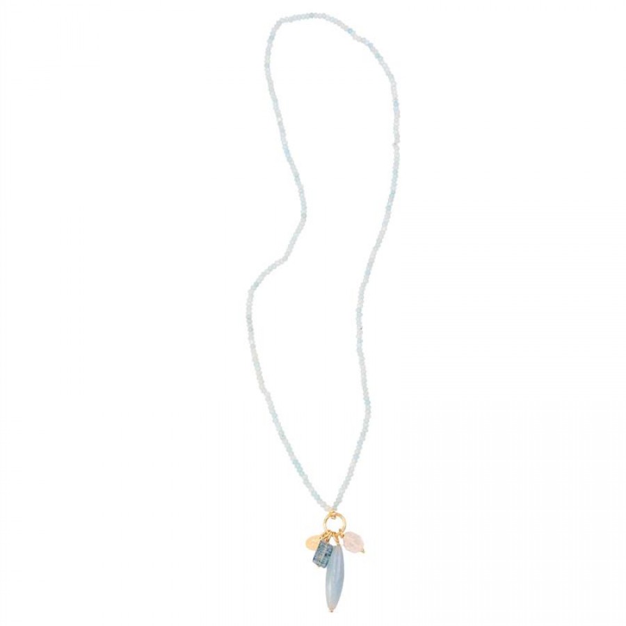 Colar Longo Minimalista Água Marinha Com Pingente De Angelita E Cristal Rocha 