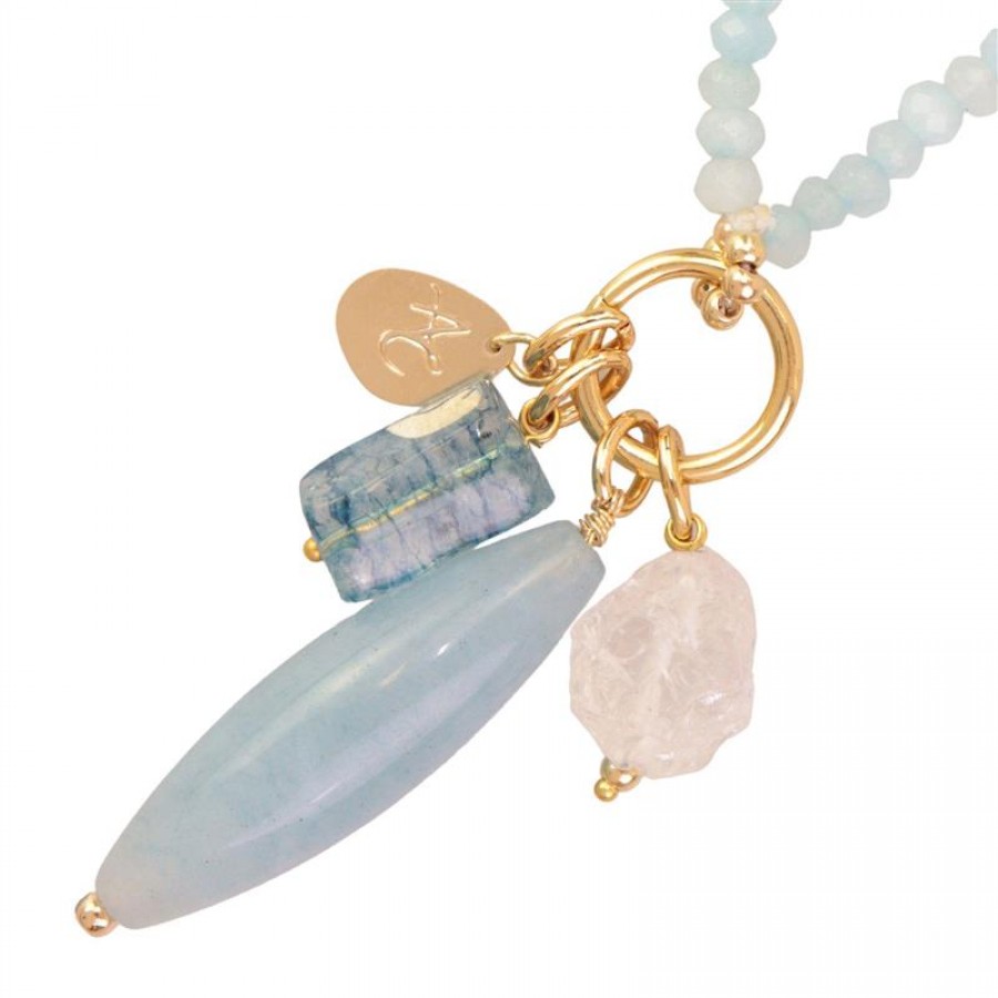 Colar Longo Minimalista Água Marinha Com Pingente De Angelita E Cristal Rocha 
