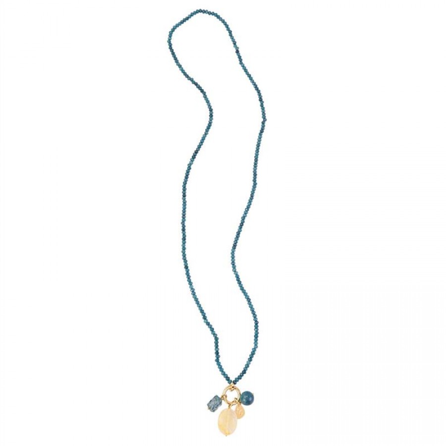 Colar Longo Minimalista Jade Azurita Com Pingente Citrino E Apatita 