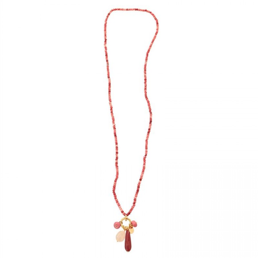 Colar Longo Minimalista Jade Cereja Com Pingente Rosa Seco E Quartzo Rosa 