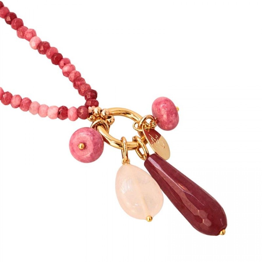 Colar Longo Minimalista Jade Cereja Com Pingente Rosa Seco E Quartzo Rosa 