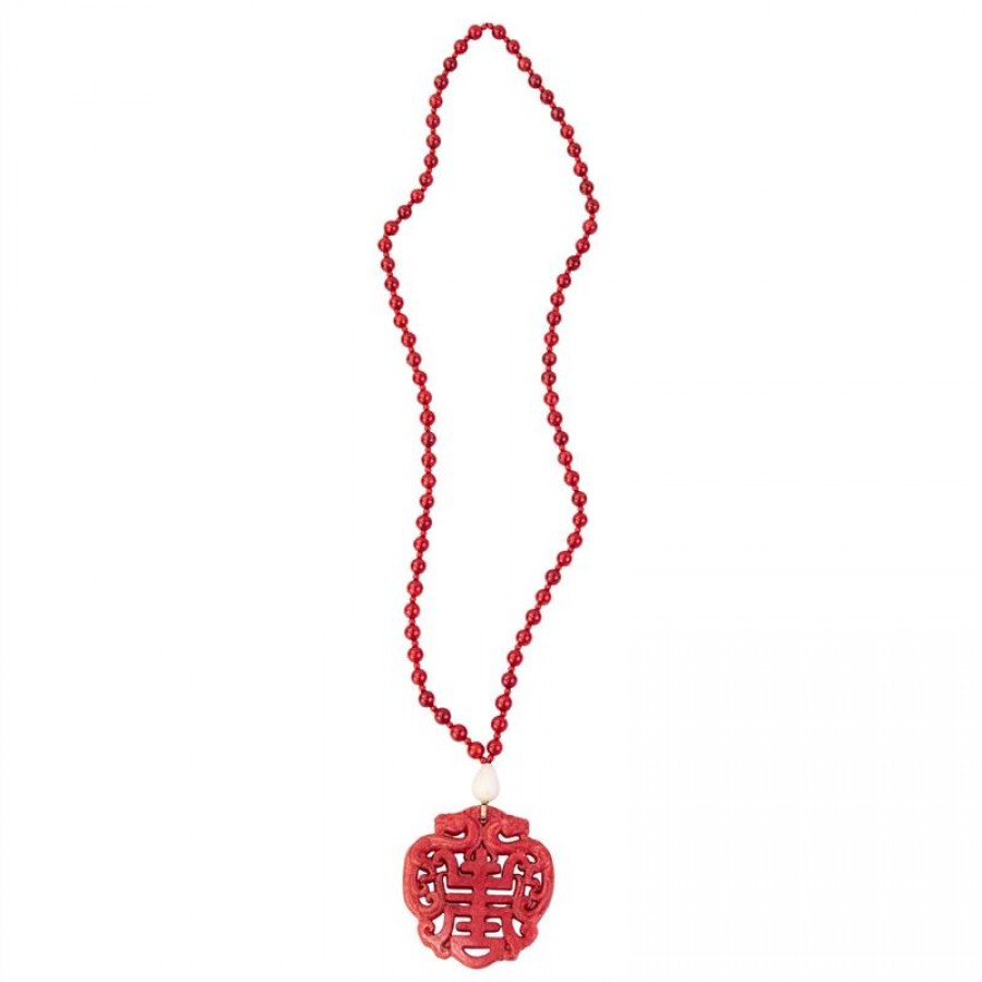 Colar Longo De Jade Vermelho E Quartzo Branco Com Mandala Vermelha 