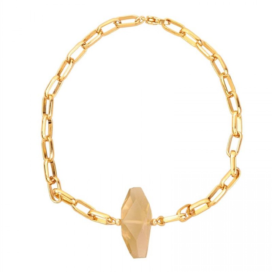 Colar Curto Elos Com Pingente Citrino Facetado Banhado Em Ouro 18k