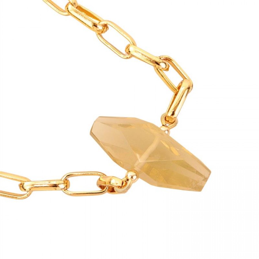 Colar Curto Elos Com Pingente Citrino Facetado Banhado Em Ouro 18k