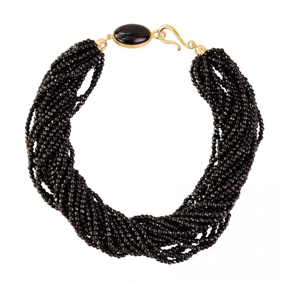 Colar Torsade Ágata Negra Com Fecho Obsidiana Negra 