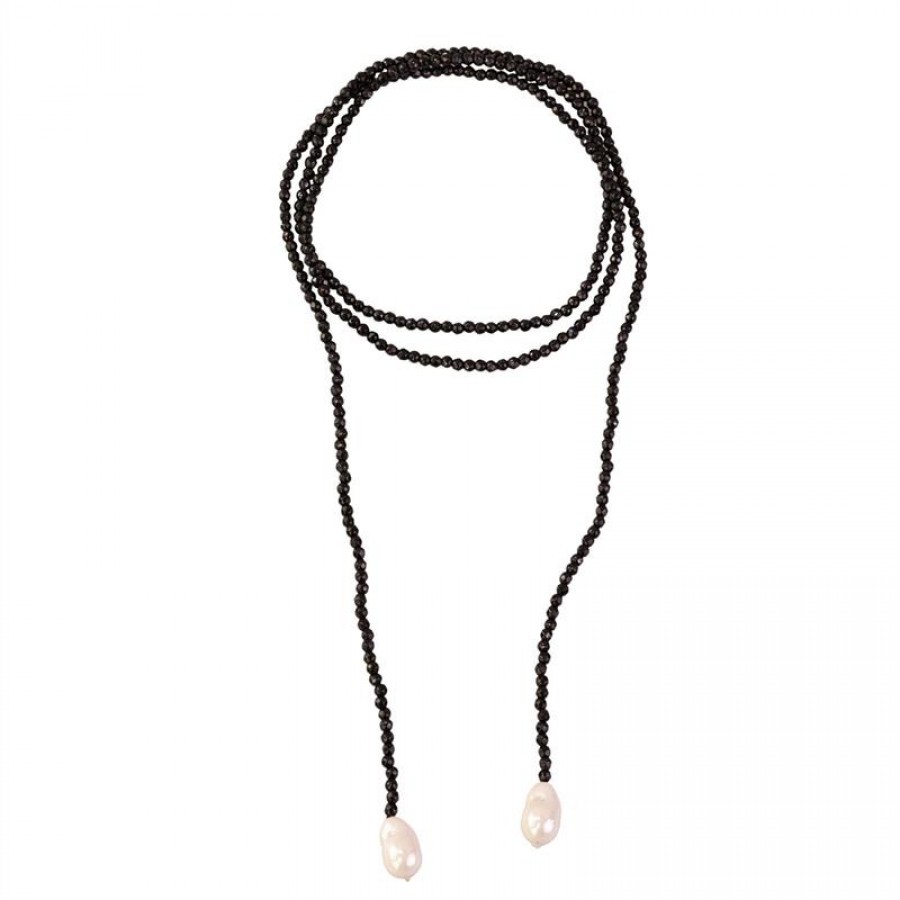 Colar Pashmina Ágata Negra Com Pérola Barroca