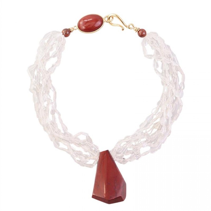 Maxi Colar Cristal De Rocha Com Pingente Jaspe Terracota
