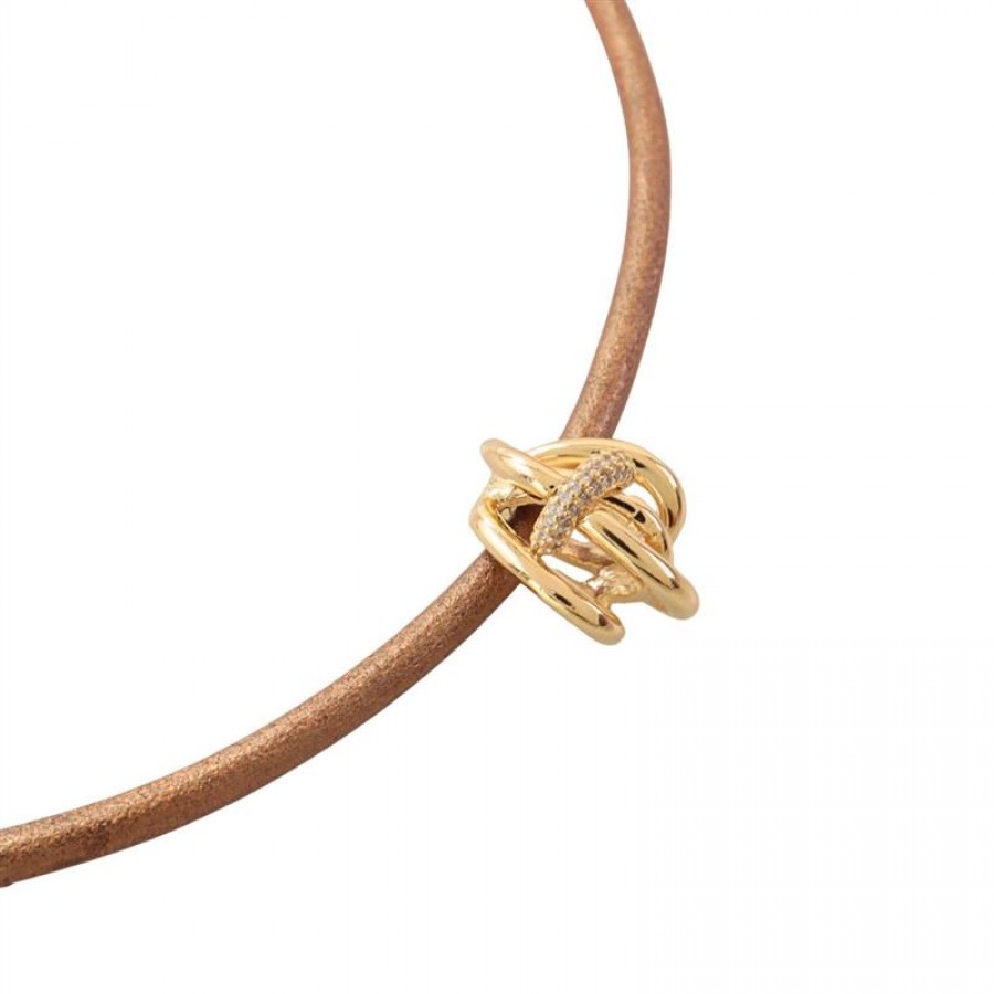 Colar De Couro Cobre Com Pingente Orbital Cravejado