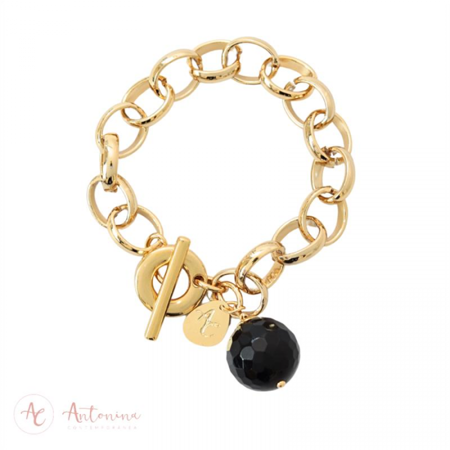 Pulseira Elos Com Ônix  Banhado Em Ouro 18k