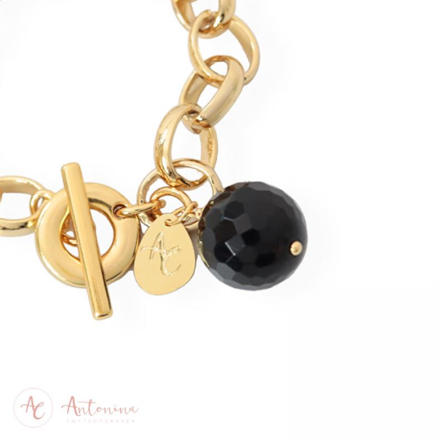 Pulseira Elos Com Ônix  Banhado Em Ouro 18k