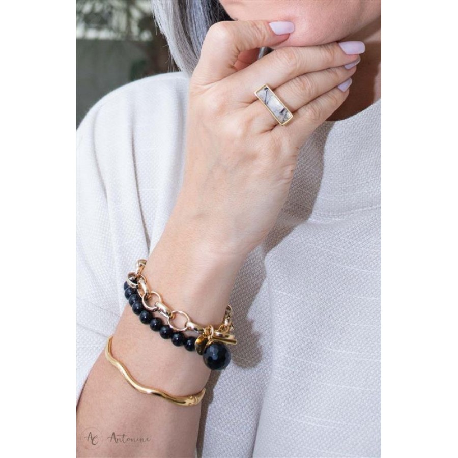 Pulseira Elos Com Ônix  Banhado Em Ouro 18k