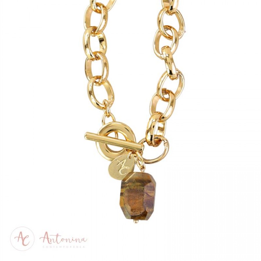 Pulseira Elos Com Olho De Tigre Banhado Em Ouro 18k