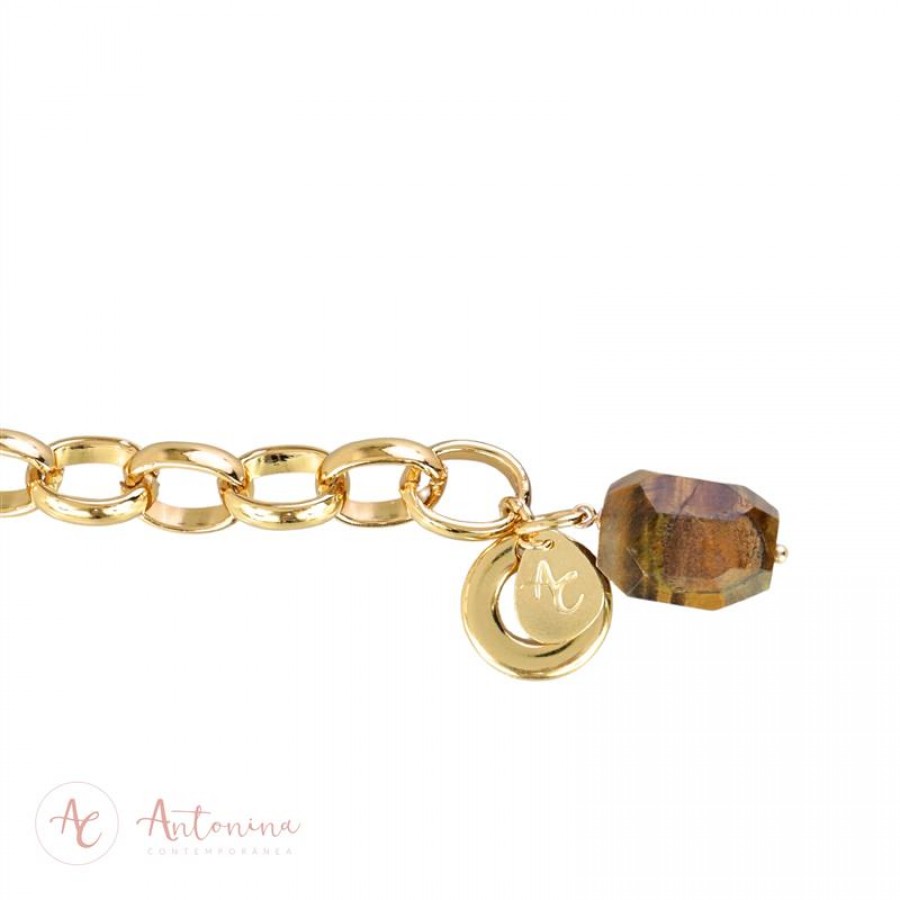 Pulseira Elos Com Olho De Tigre Banhado Em Ouro 18k