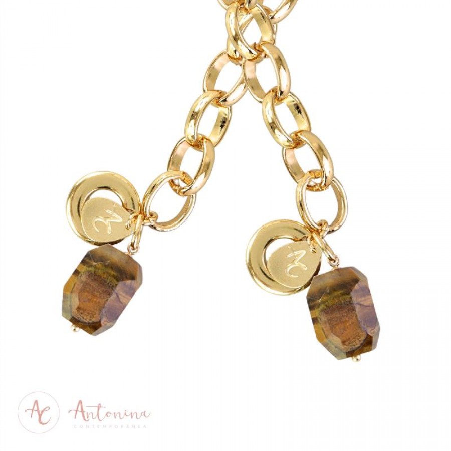 Pulseira Elos Com Olho De Tigre Banhado Em Ouro 18k
