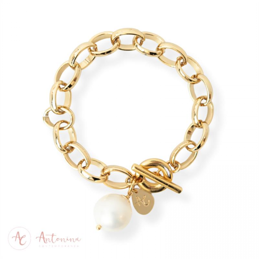 Pulseira Elos Com Pérola  Banhado Em Ouro 18k