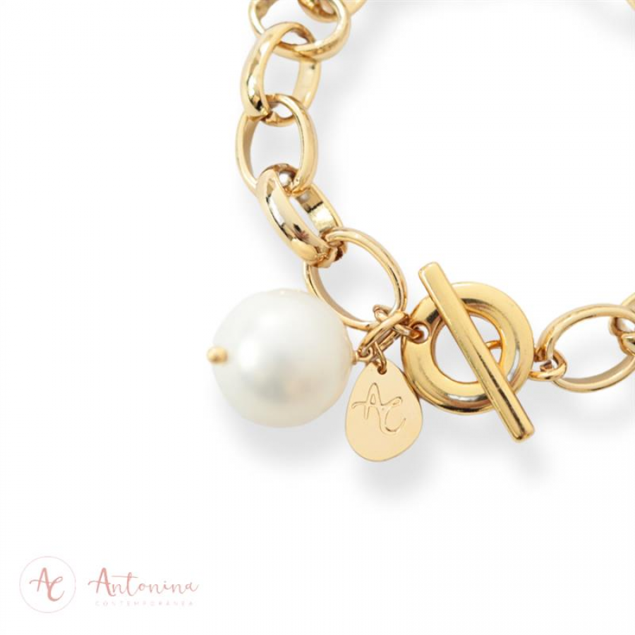 Pulseira Elos Com Pérola  Banhado Em Ouro 18k
