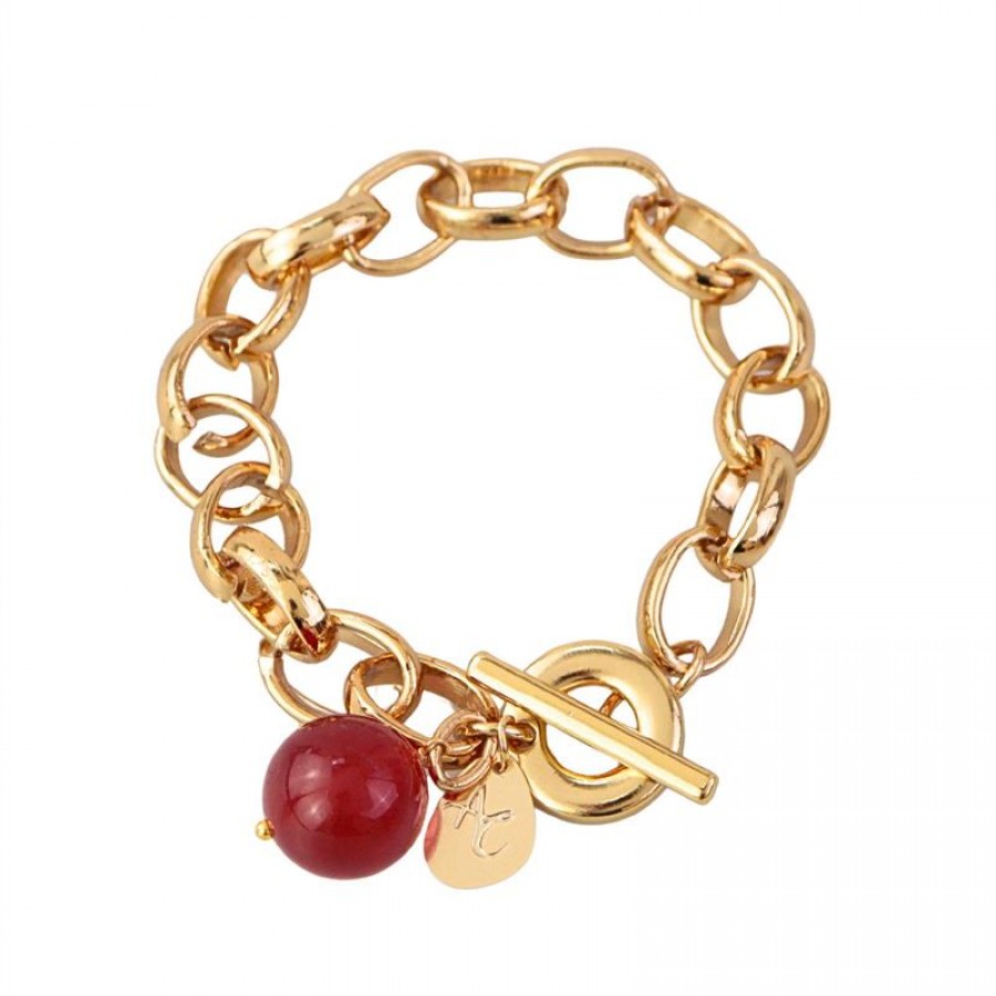 Pulseira Elos Com Jade Rubi Banhado Em Ouro 18k