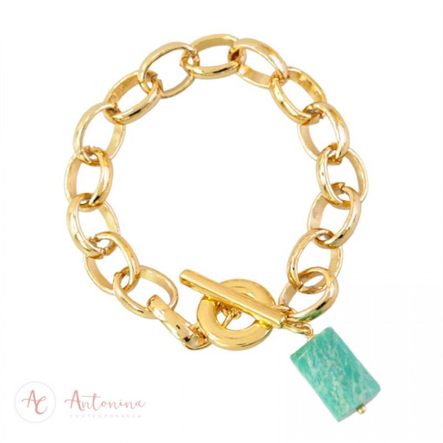 Pulseira Elos Com Amazonita  Banhado Em Ouro 18k