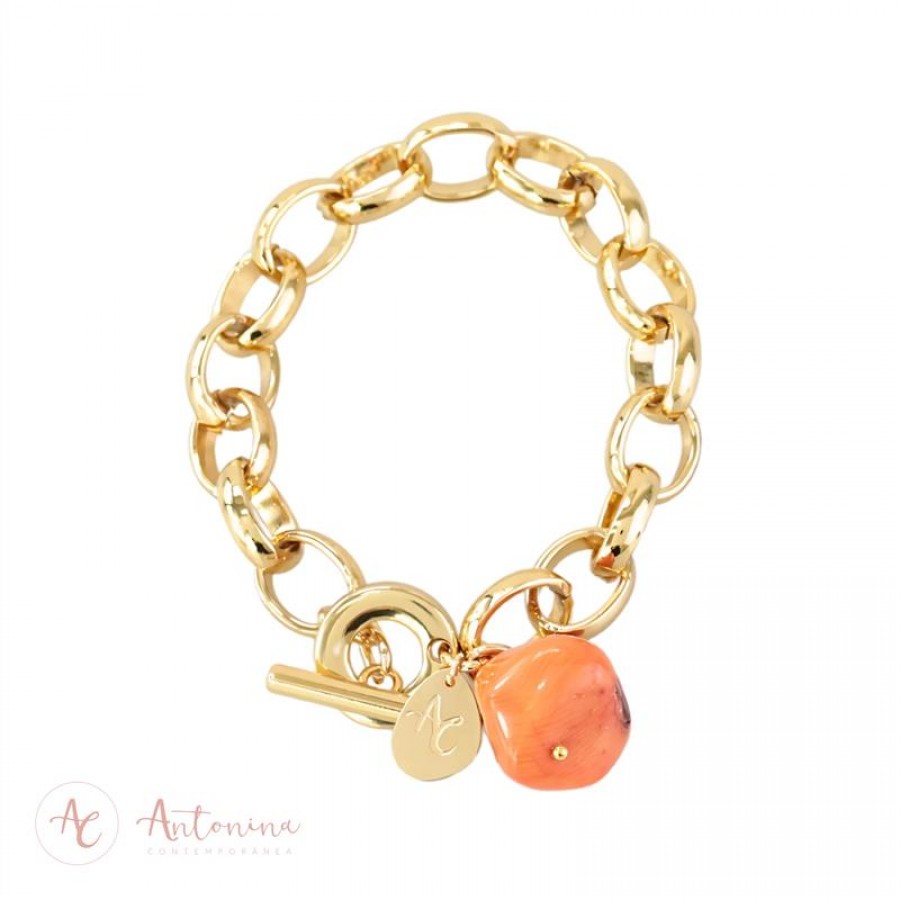 Pulseira Elos Com Coral Banhado Em Ouro 18k