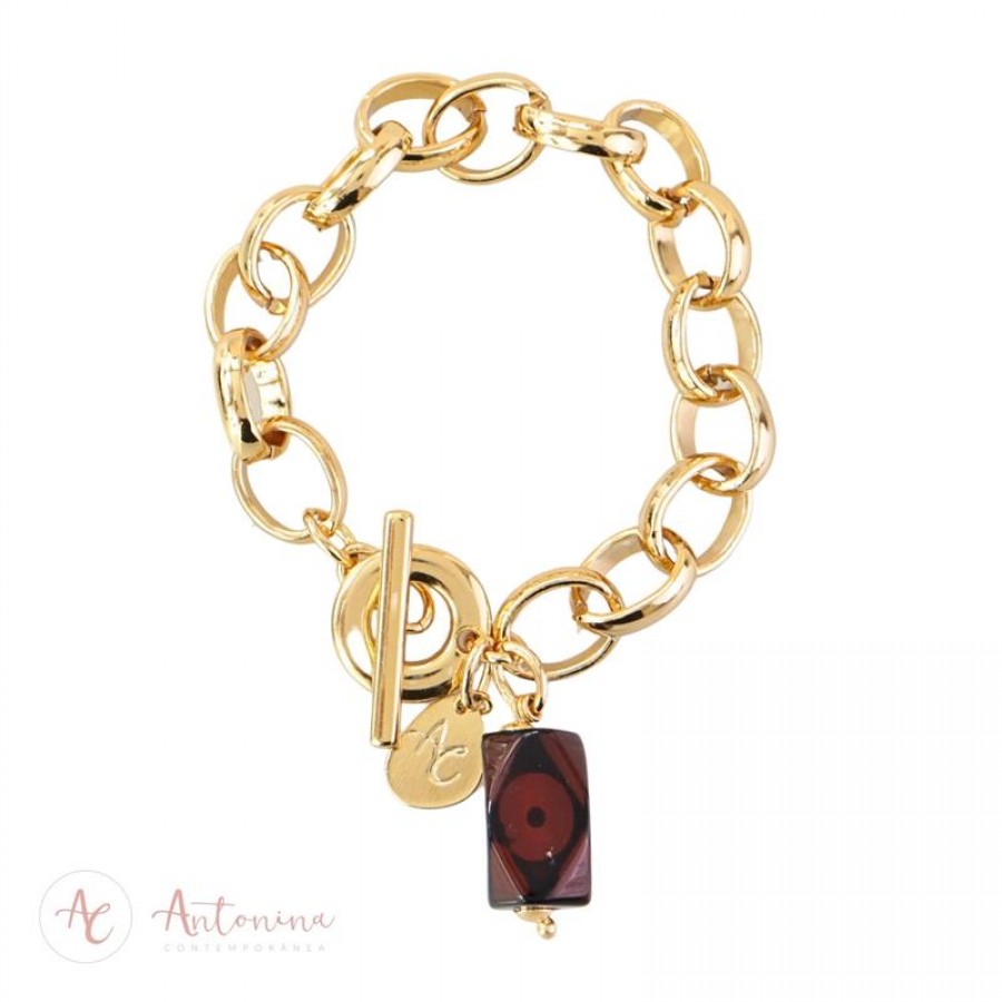 Pulseira Elos Com Ágata Mesclada  Banhado Em Ouro 18k