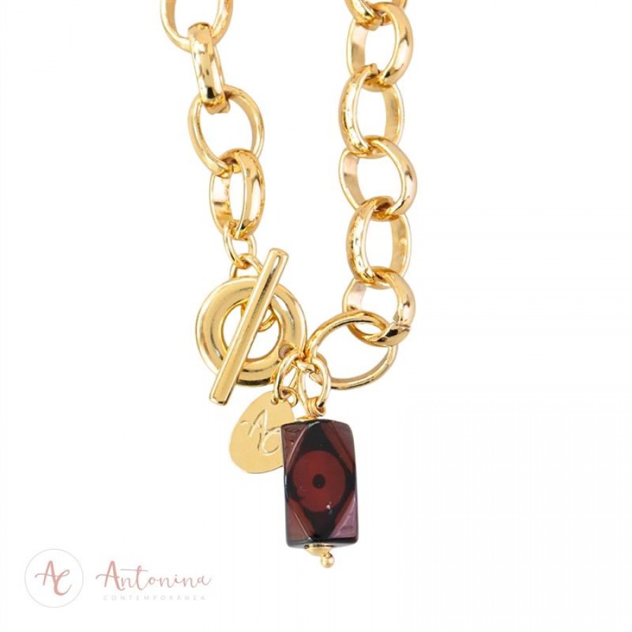 Pulseira Elos Com Ágata Mesclada  Banhado Em Ouro 18k