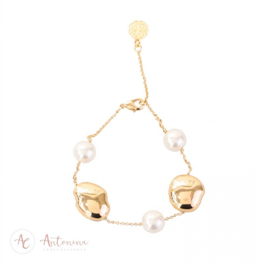 Pulseira Lisa Com Pérolas Banhado Em Ouro 18k