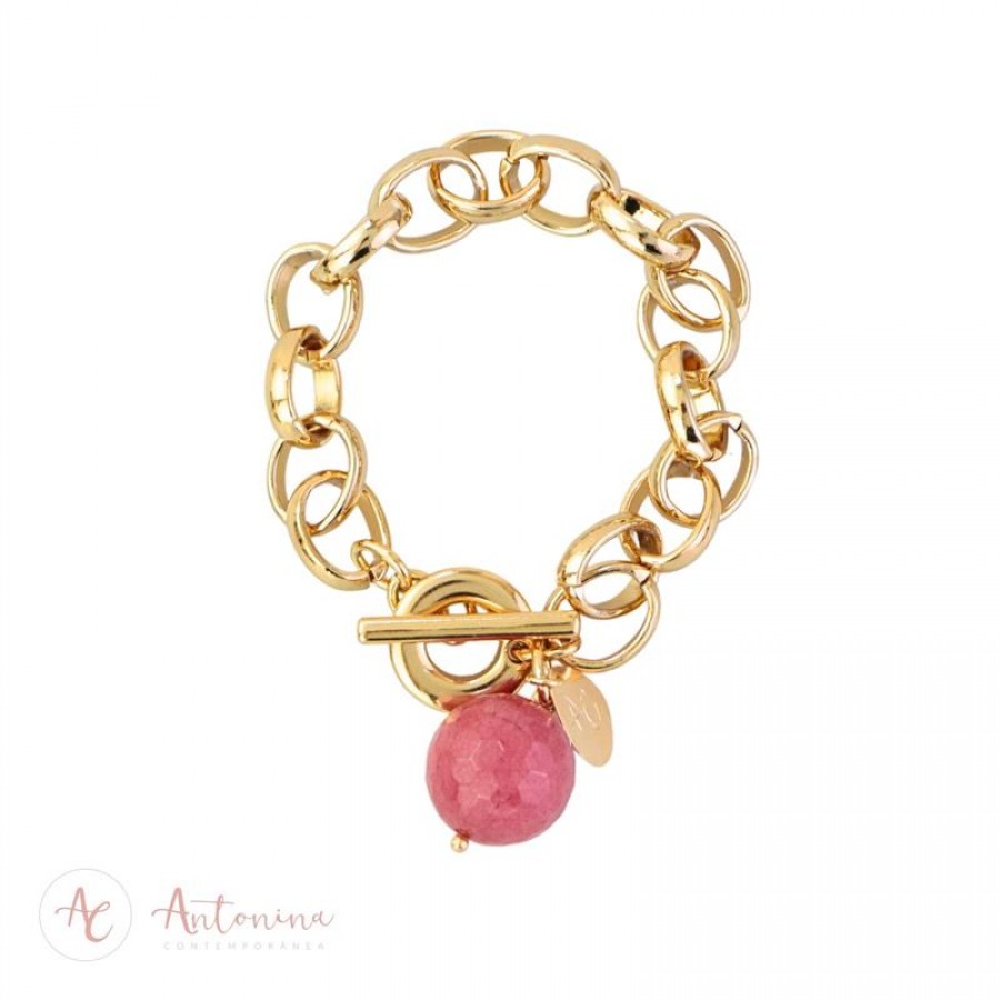 Pulseira Elos Com Jade Rosa Seco Banhado Em Ouro 18k