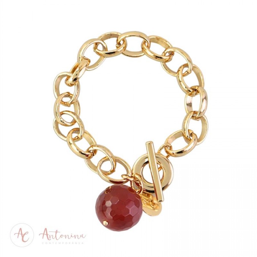 Pulseira Elos Com Ágata De Fogo Banhado Em Ouro 18k