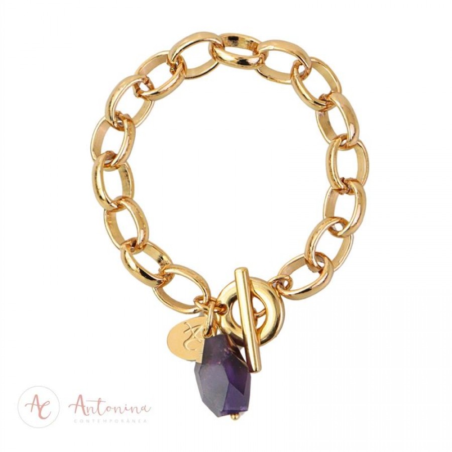 Pulseira Elos Com Ametista Banhado Em Ouro 18k