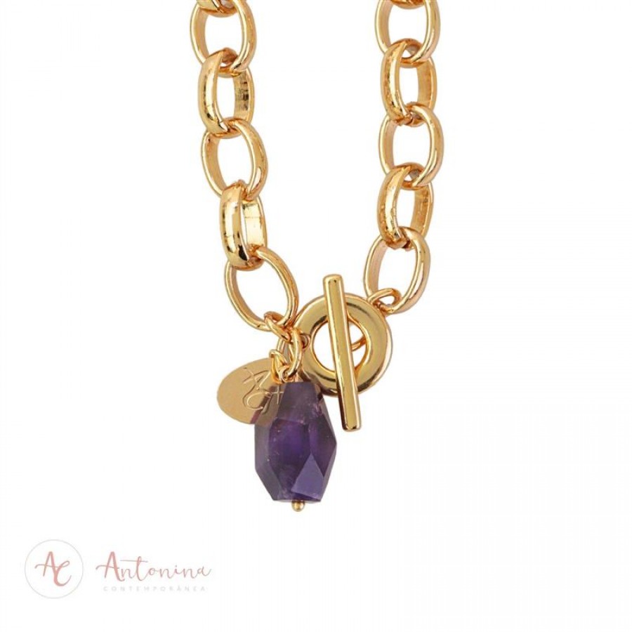 Pulseira Elos Com Ametista Banhado Em Ouro 18k
