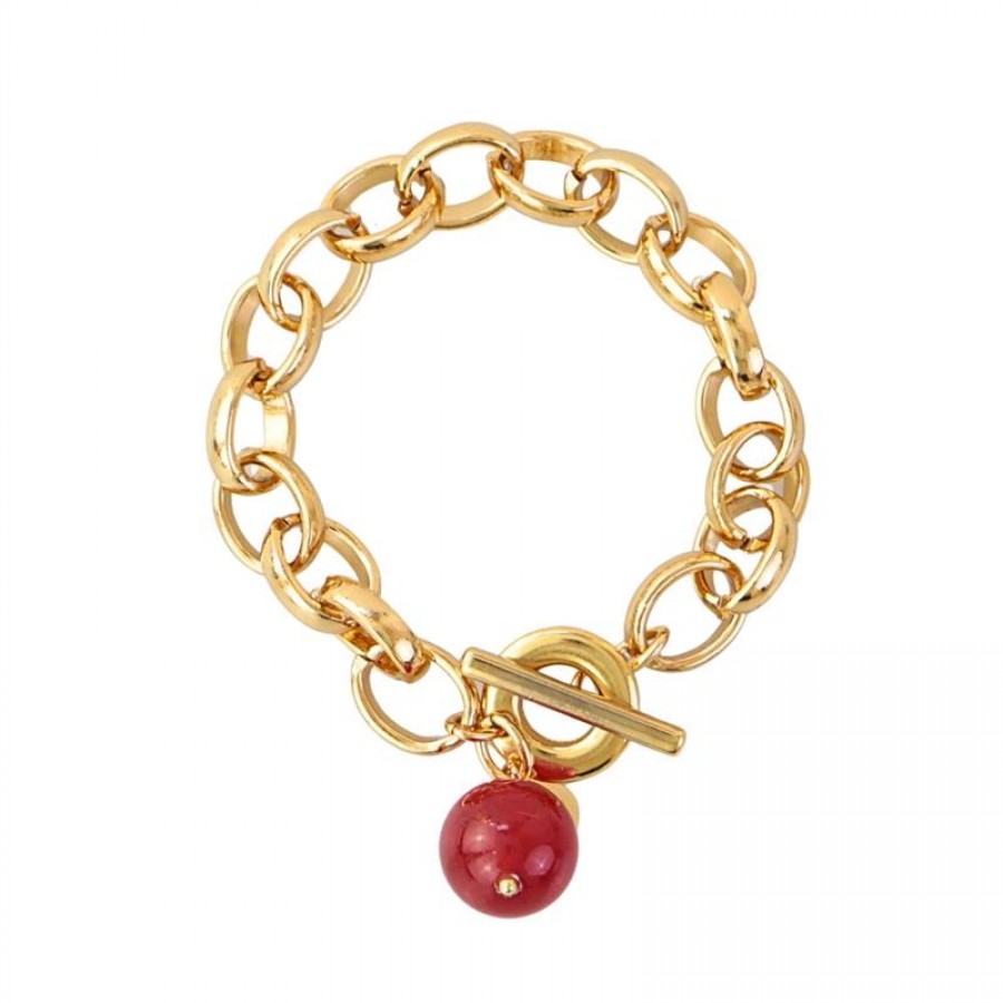 Pulseira Elos Com Rubelita Banhado Em Ouro 18k