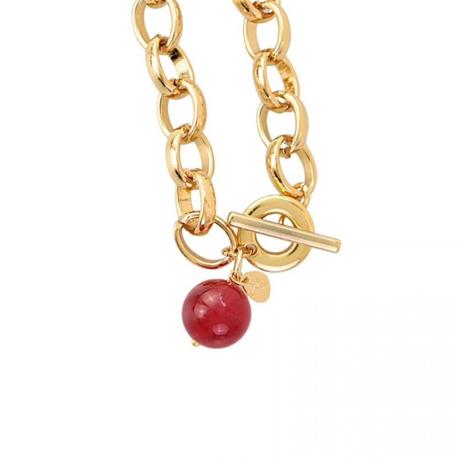 Pulseira Elos Com Rubelita Banhado Em Ouro 18k