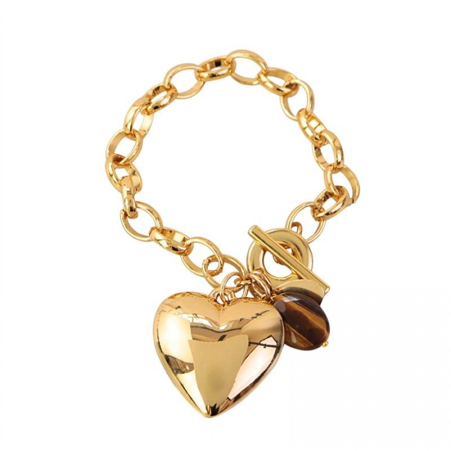 Pulseira Elos Com Pingente De Coração Com Olho De Tigre Banhado Em Ouro 18k