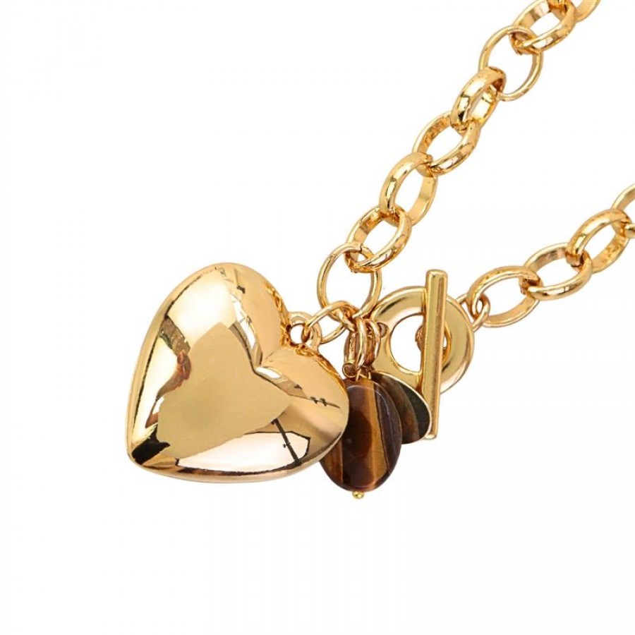 Pulseira Elos Com Pingente De Coração Com Olho De Tigre Banhado Em Ouro 18k