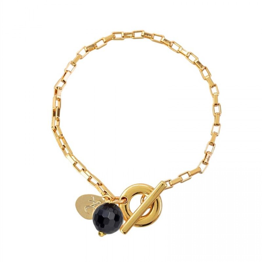 Pulseira Mini Elos Com Pingente De Ônix Com Fecho T