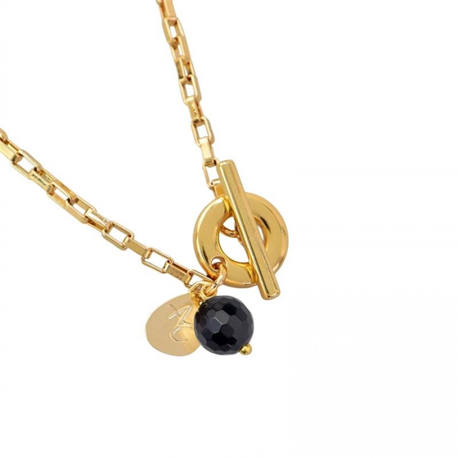 Pulseira Mini Elos Com Pingente De Ônix Com Fecho T