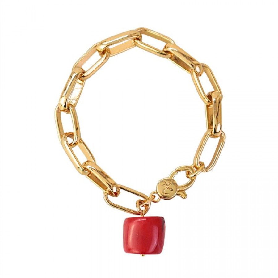 Pulseira De Elos Com Coral Vermelho Banhado Em Ouro 18k