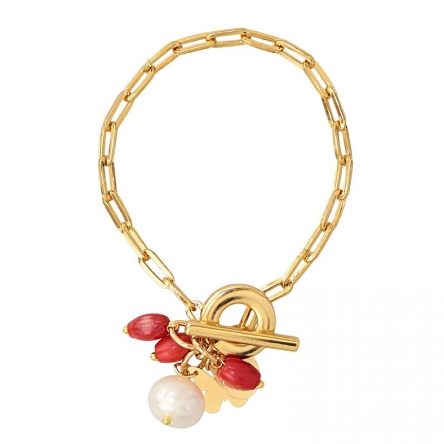 Pulseira De Elos Com Coral Vermelho Com Pérola Banhado Em Ouro 18k