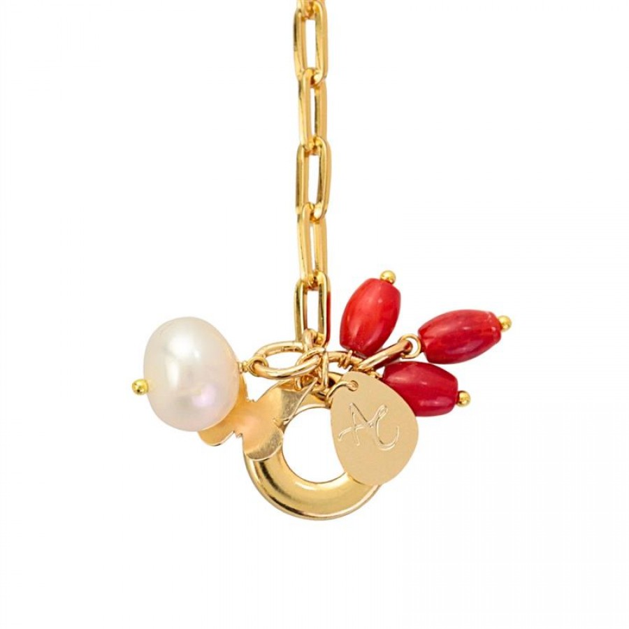 Pulseira De Elos Com Coral Vermelho Com Pérola Banhado Em Ouro 18k